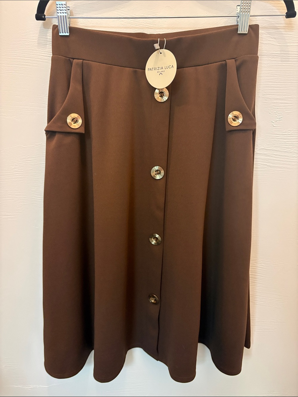 Patrizia Luca Chocolate Brown Midi Skirt with Gold Buttons